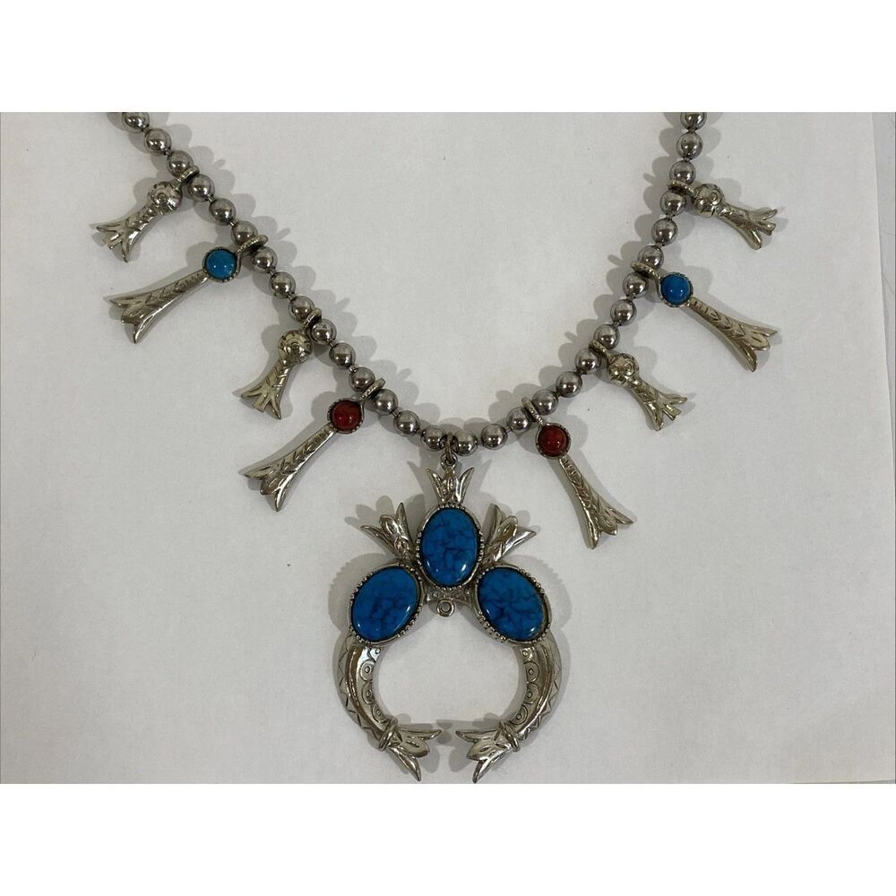 Vtg Arthur Pepper Faux Southwestern Squash Blossom Necklace Silver‎ Turquoise